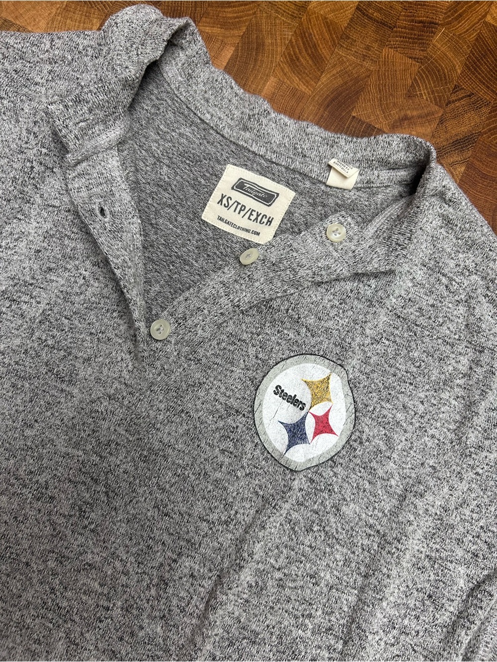 American Eagle Outfitters Heather Gray Long Sleeve Henley with Steelers Patch